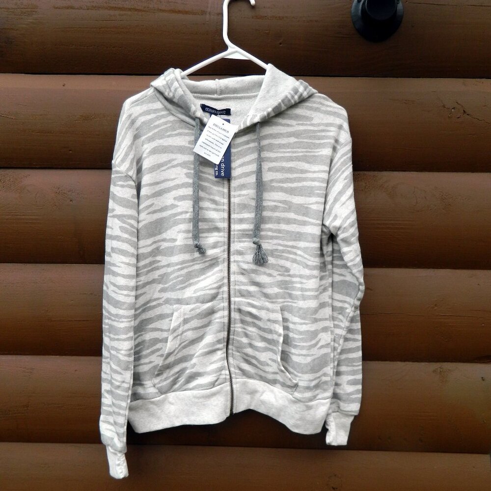 OCEAN DRIVE Hoodie Small Cotton Blend Long Sleeve White Gray Stripe Relaxed Fit